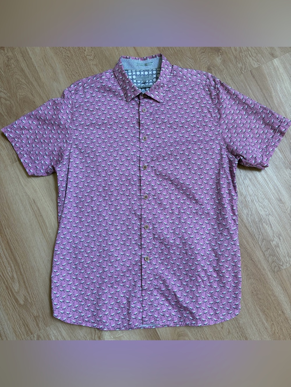Ted Baker Men’s Shirt Pink Short Sleeve Button Down Flamingo Bird Pattern XL 5
